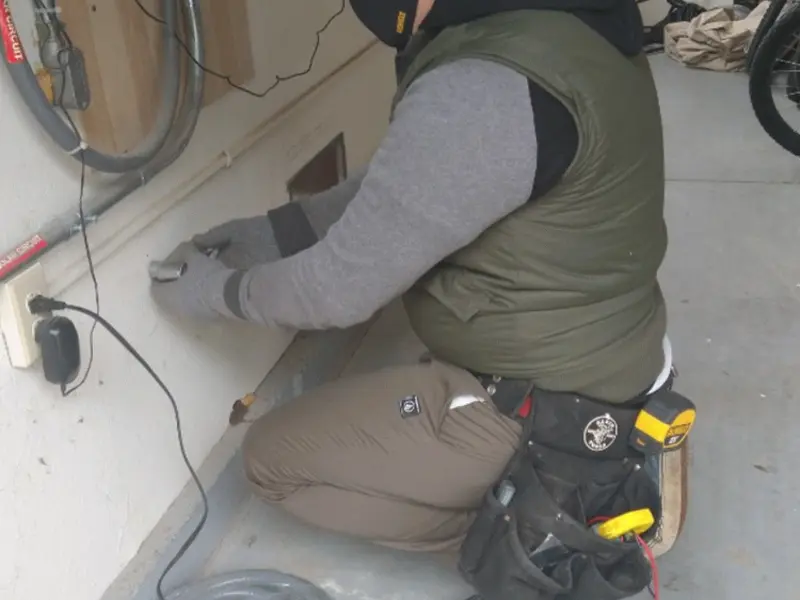 Electrician performing outlet wiring in a Minersville garage